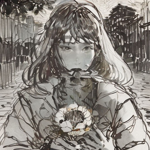a drawing of a girl with long hair holding a flower in her hands and looking at the camera with a sad expression