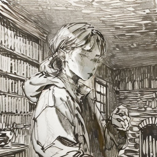 a drawing of a woman in a library with a bookcase in the background and a cat in the foreground