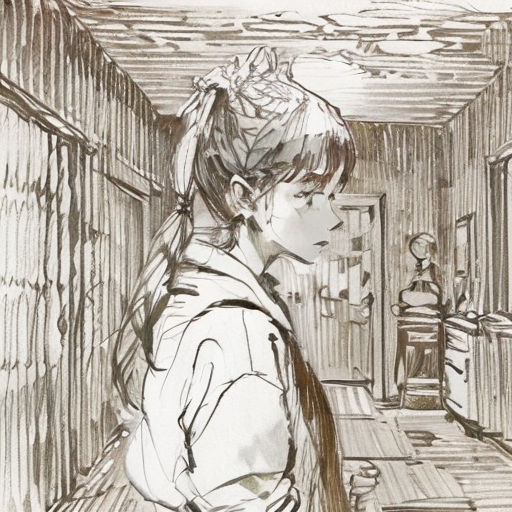 a drawing of a person standing in a hallway with a backpack on his shoulder and a backpack on his shoulder