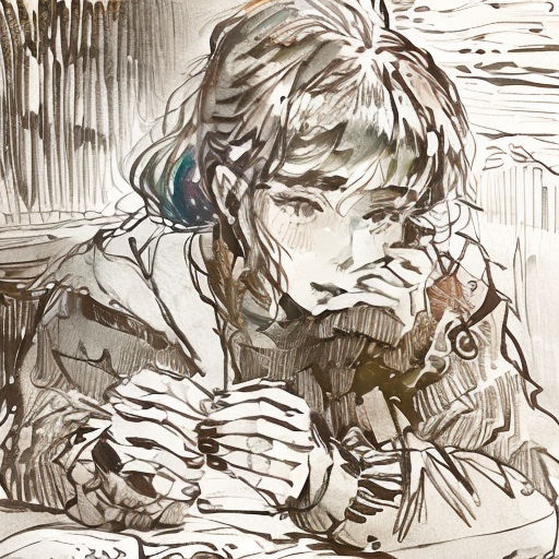 a drawing of a girl sitting at a table with a phone in her hand and a book in her other hand