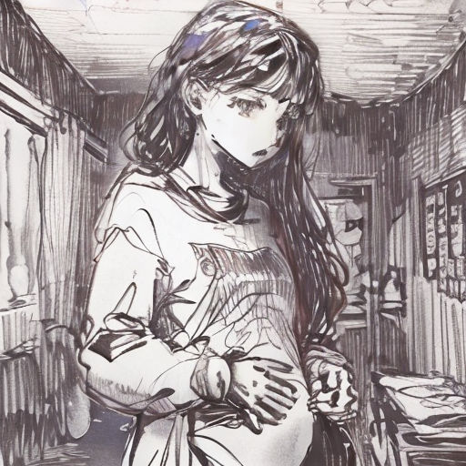 a drawing of a woman holding a camera in a room with a lot of shelves and a table with a laptop on it