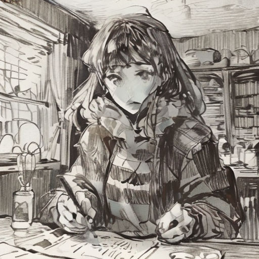 a drawing of a woman sitting at a table with a book and pen in her hand and a cup of coffee