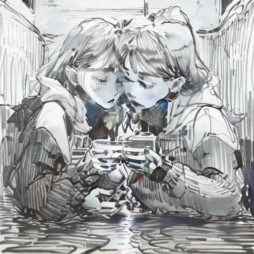 two children are sitting on the ground looking at a cell phone together, with a reflection of them in the mirror