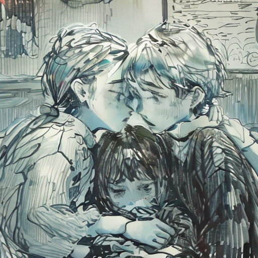 a drawing of two people hugging each other on a couch with a clock in the background and a painting of a woman and child