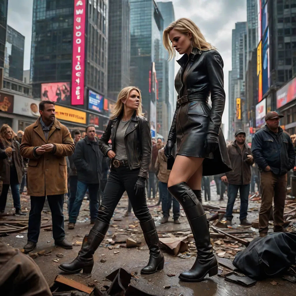 two women in leather outfits walking through a city street with people standing around them and a man in a suit, promotional image, excessivism, a poster, Annie Leibovitz