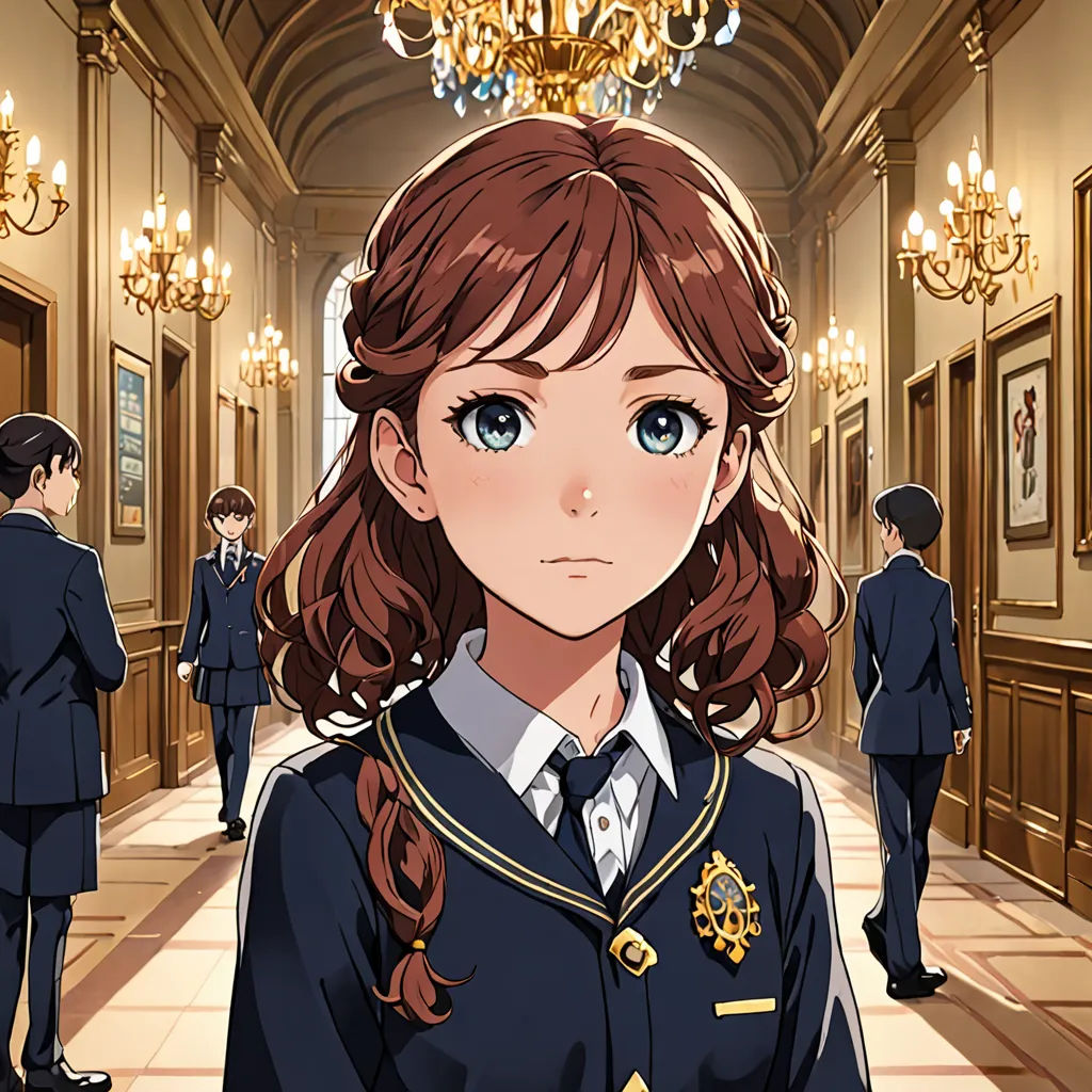 a girl in a uniform standing in a hallway with a chandelier hanging from the ceiling and a chandelier hanging from the ceiling, sots art, a character portrait, Chizuko Yoshida, official art