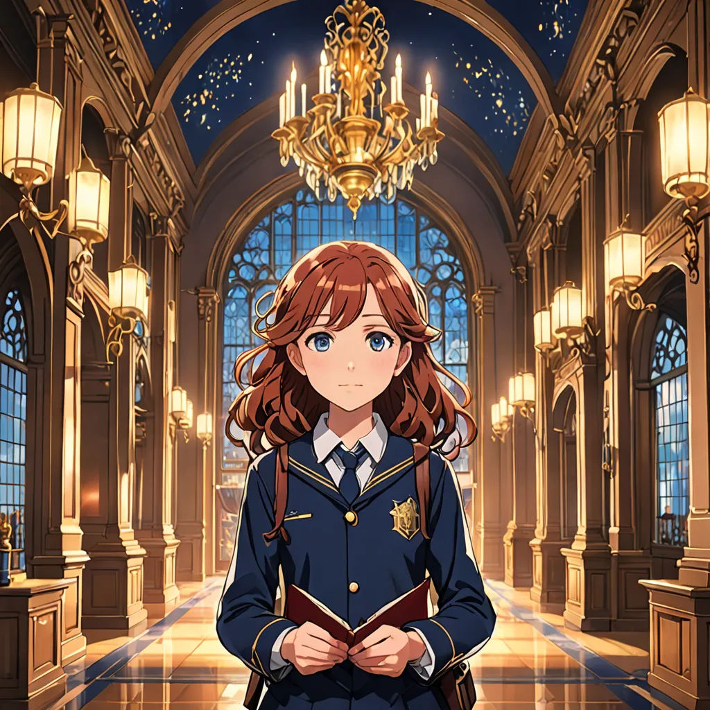a girl in uniform standing in a hall with a chandelier in the background and a chandelier hanging from the ceiling, sots art, concept art, Anne Said, official art