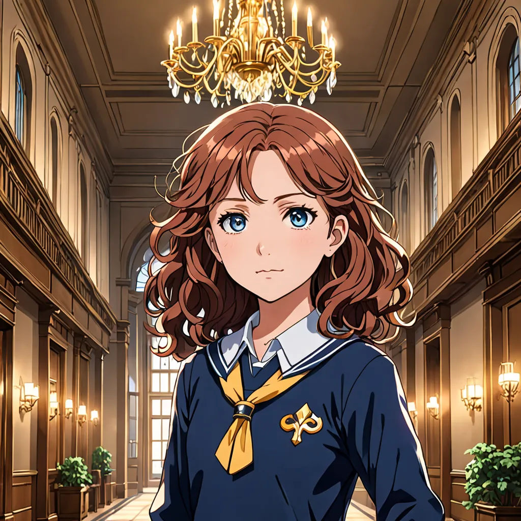 a girl in a school uniform standing in a hallway with a chandelier above her head and a chandelier hanging from the ceiling, rococo, a character portrait, Anne Said, official art