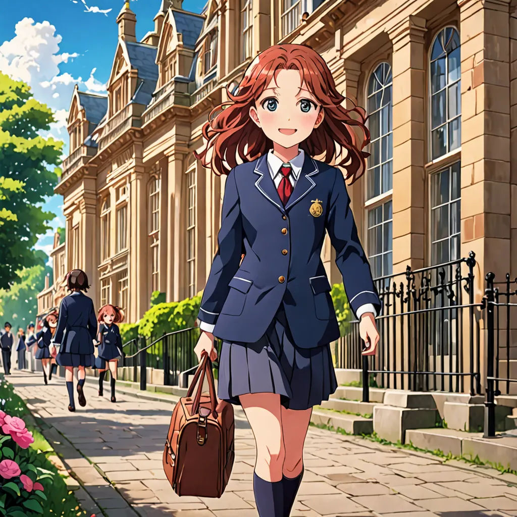 a girl in a school uniform walking down a sidewalk with a bag on her shoulder and a man in a suit on his lap, paris school, concept art, Chizuko Yoshida, official art