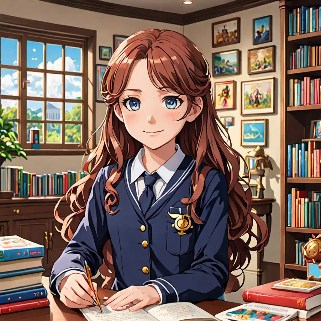 a girl in uniform sitting at a desk with a book and pen in her hand and a book in front of her, remodernism, a character portrait, Clarice Beckett, official art