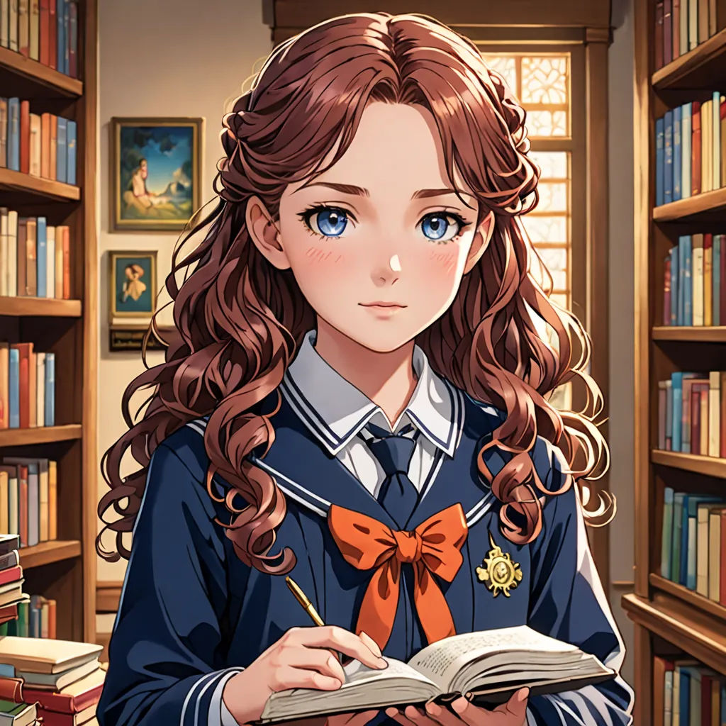 a girl in a library with a book and a pen in her hand and a book in her hand, remodernism, a character portrait, Clarice Beckett, character portrait