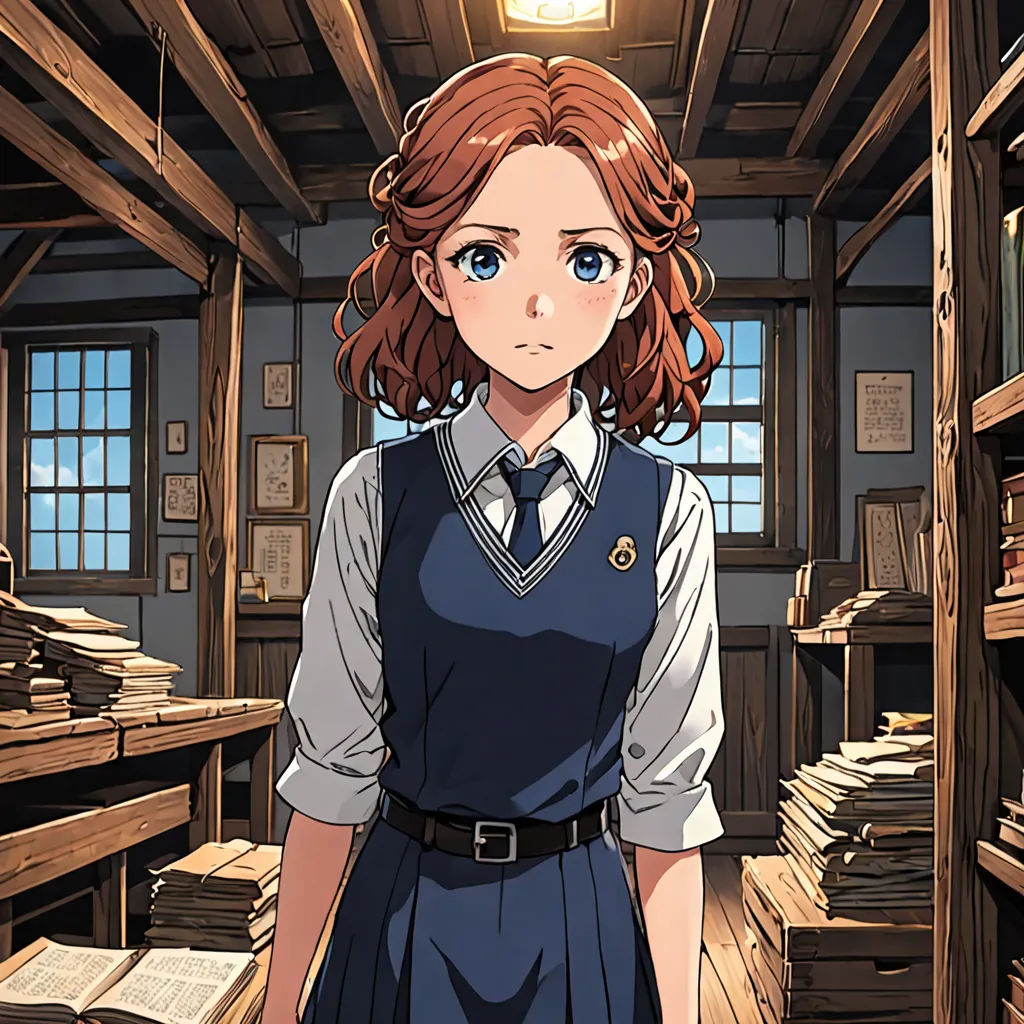 a girl in a library with stacks of books in the background and a light above her head and a book shelf in the foreground, remodernism, a character portrait, Clarice Beckett, official art