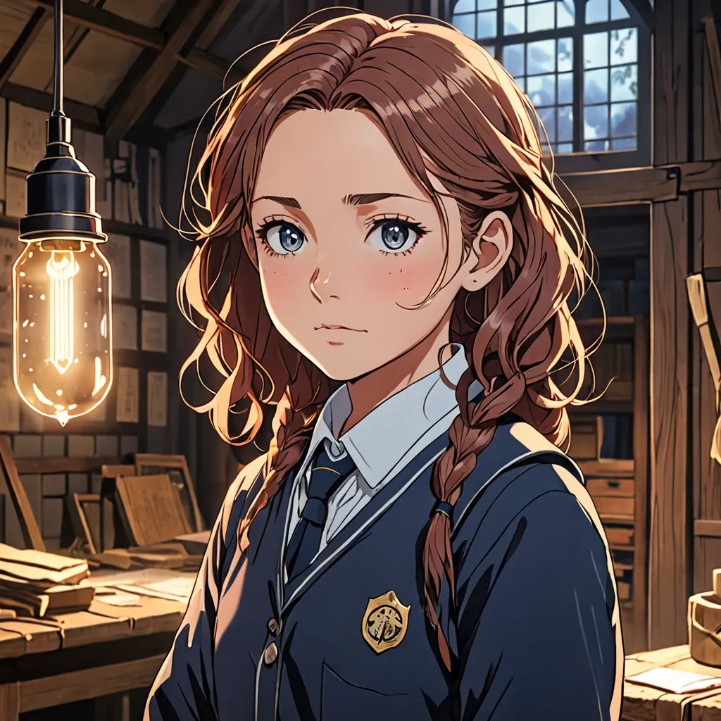 a girl with long hair and a blue shirt standing in a room with a light bulb hanging from the ceiling, fantasy art, a character portrait, Constance Gordon-Cumming, official art