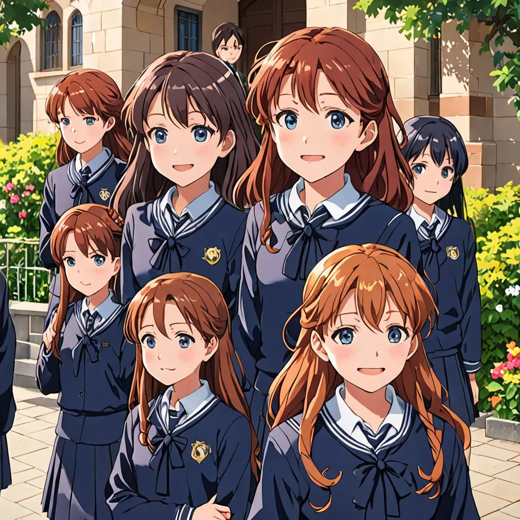 a group of girls in school uniforms standing in front of a building with flowers in the background and a man in a suit standing behind them, rayonism, an album cover, Ai-Mitsu, official art