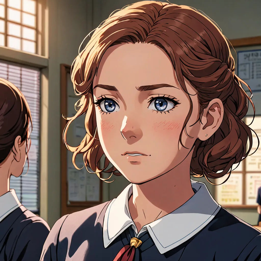 a woman with blue eyes and a tie in a classroom with other people in the background looking at her, paris school, a character portrait, Constance Gordon-Cumming, official art