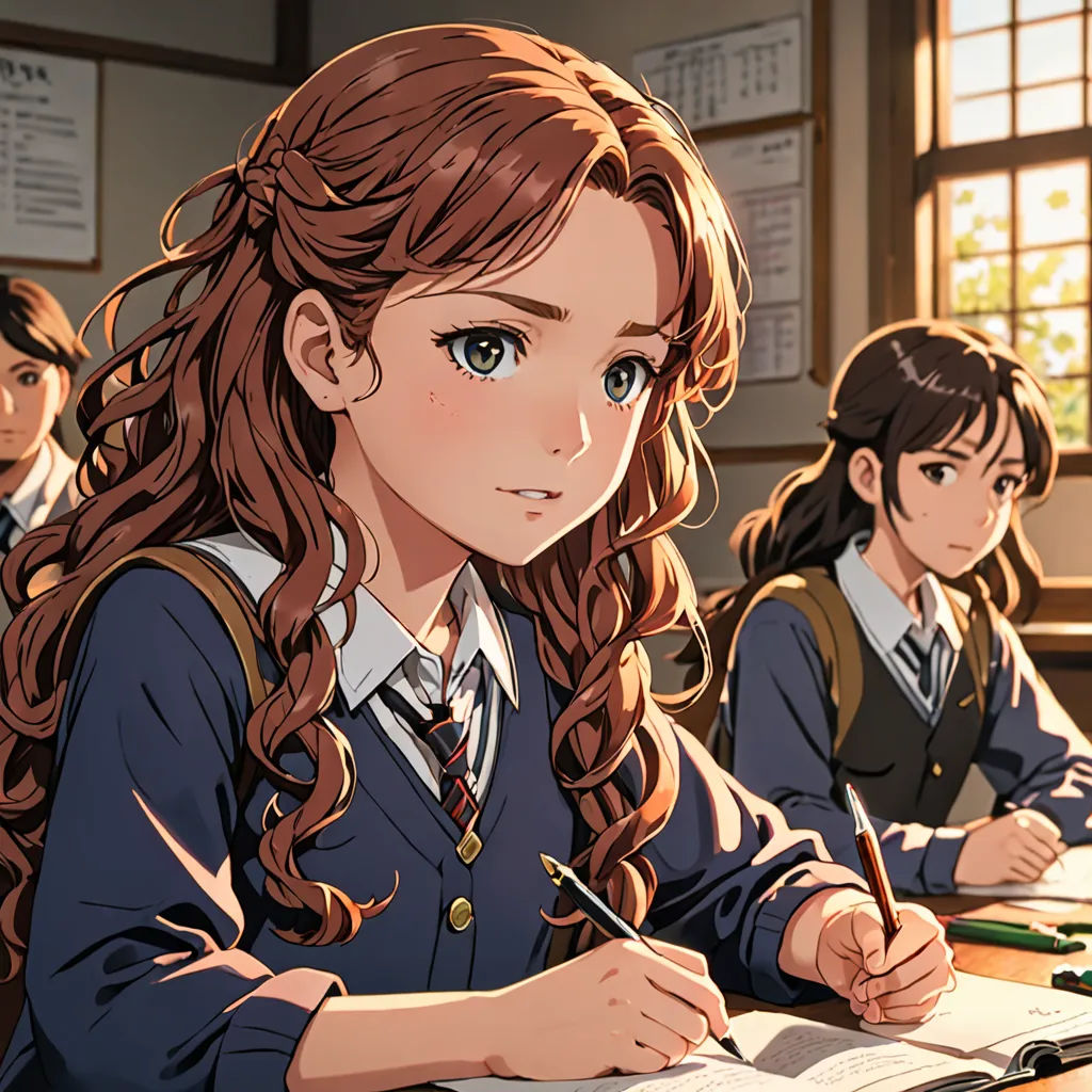 a group of girls sitting at a table with books and pencils in front of them, with a window behind them, remodernism, a character portrait, Anne Said, official art
