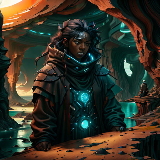 a woman in a futuristic suit standing in a cave with a glowing light on her face and a glowing orb in her hand