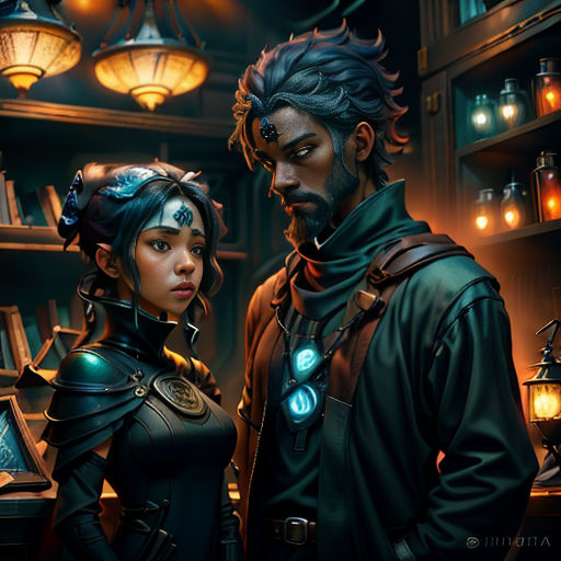 a man and a woman standing in a room with bookshelves and lanterns on the ceiling and a lamp on the wall