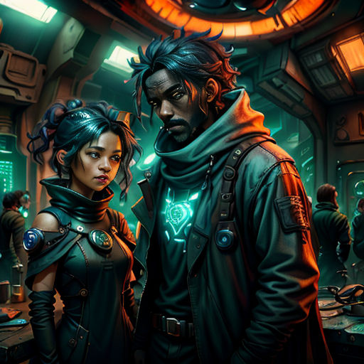 a man and a woman standing in a room with a clock on the wall and a green light behind them