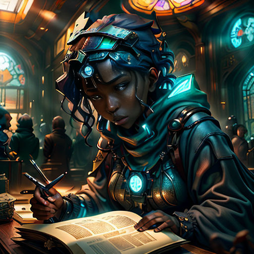 a woman in a dark room with a book and a pen in her hand and a clock in the background