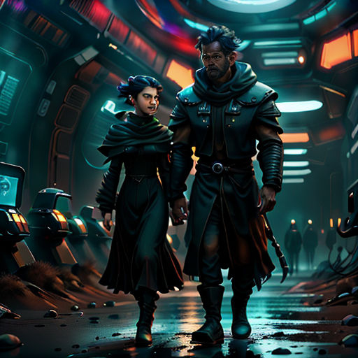 a man and a woman walking in a sci - fi fi fi tunnel with a neon light in the background