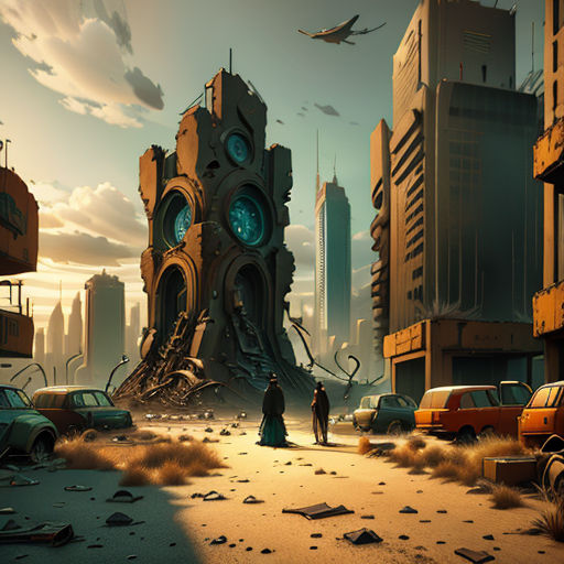 a man standing in a desert city with a giant structure in the middle of the street and a plane flying overhead