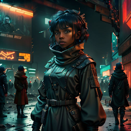 a woman in a futuristic city at night with a futuristic outfit on and a futuristic helmet on her head