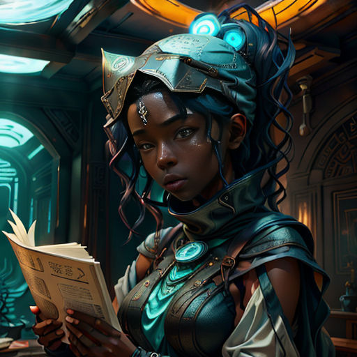 a woman in a futuristic setting reading a book with a glowing headpiece on her head and a glowing light above her head