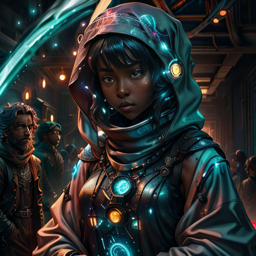 a woman in a space suit holding a knife in her hand and looking at the camera with a group of people in the background