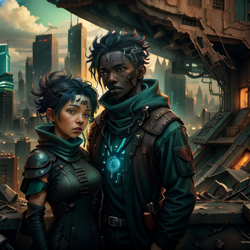 a couple of people standing next to each other in front of a cityscape with a futuristic city in the background