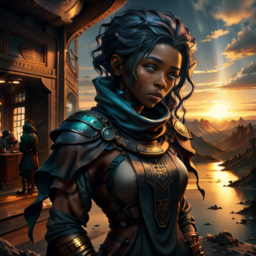 a woman in a fantasy setting with a sword and a dragon on her shoulder, standing in front of a building