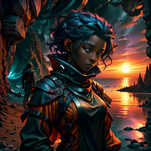 a woman in a black outfit standing in a cave with a sunset in the background and a lake in the foreground