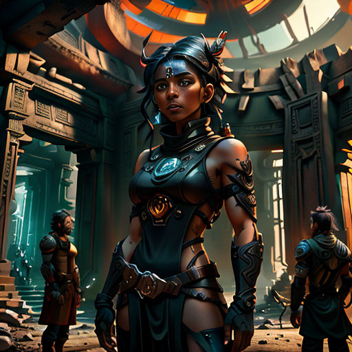 a woman in a futuristic suit standing in a room with other people in it and a clock on the wall