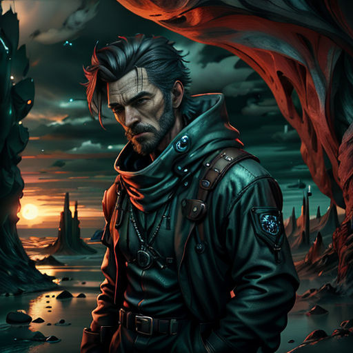 a man in a leather jacket standing in front of a lake and a tree with a strange looking face