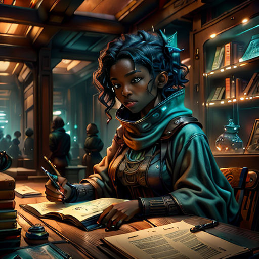 a woman sitting at a table with a book and pen in her hand and a book in her other hand