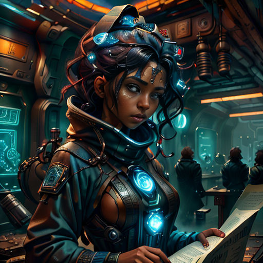 a woman in a futuristic suit holding a piece of paper in her hands and looking at the screen of a computer screen