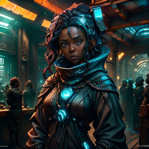 a woman in a sci - fi fi outfit standing in a room with other people in the background and a robot suit on