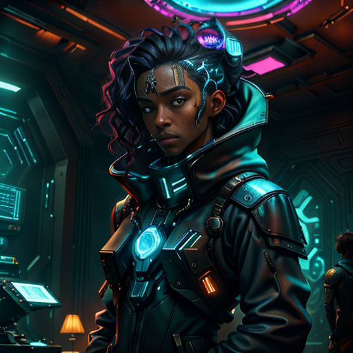 a woman in a futuristic suit standing in a room with neon lights and a clock on the wall behind her