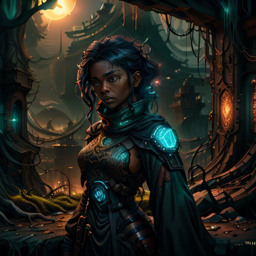a woman in a futuristic environment with a glowing arm and chest, standing in front of a doorway with a glowing light