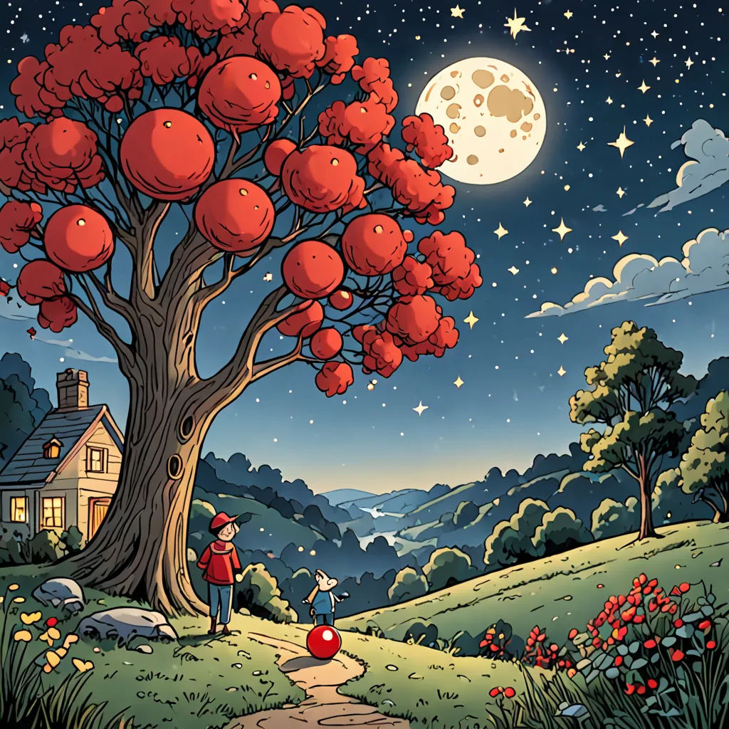 a painting of a person standing under a tree with a house in the background and a full moon in the sky, fantasy art, a storybook illustration, Aaron Jasinski, storybook illustration