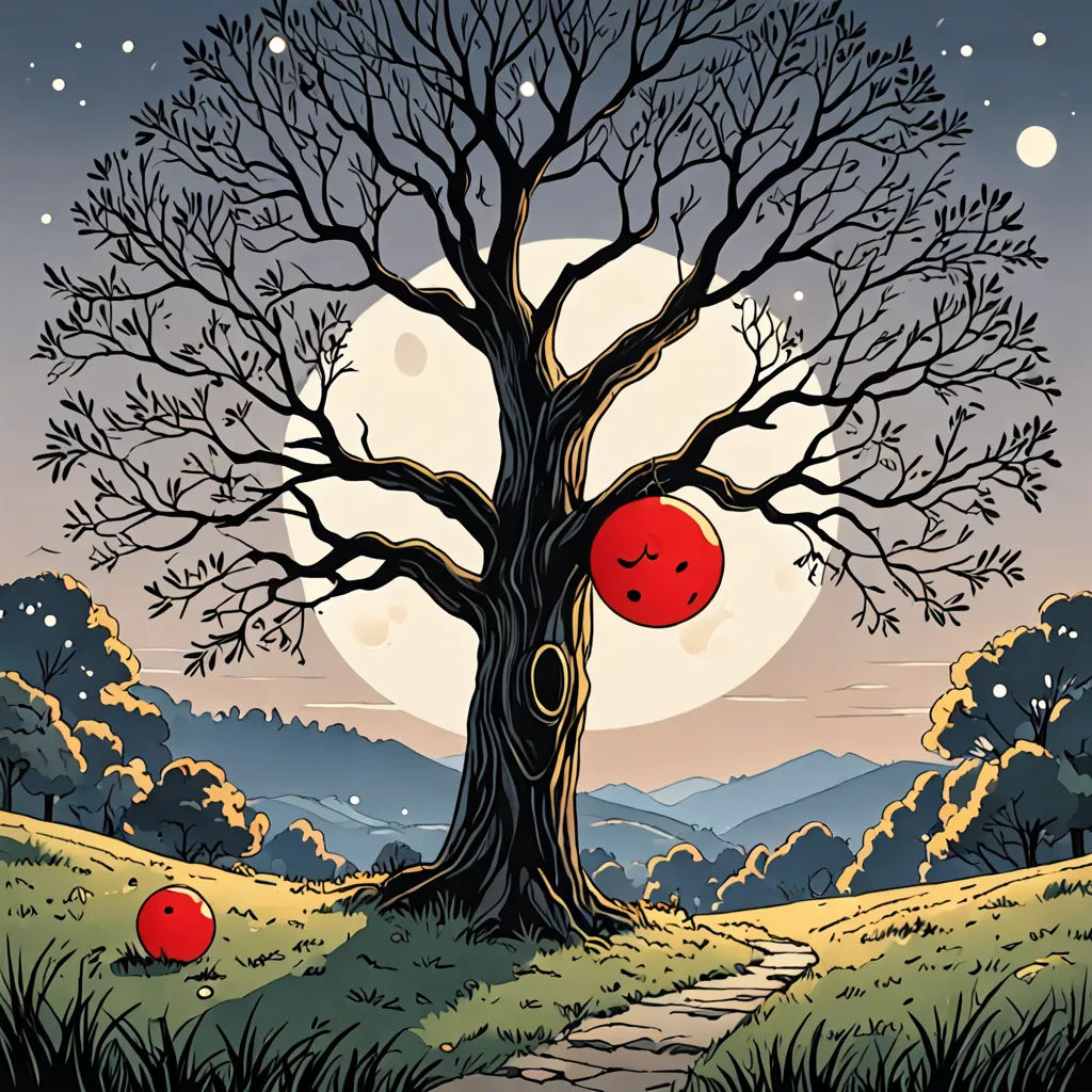 a tree with two faces on it and a path leading to it with a moon in the background and a path leading to it, fantasy art, a storybook illustration, David Martin, comic cover art