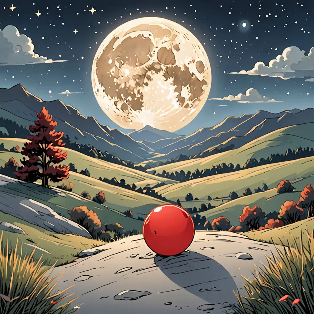 a red ball sitting on top of a road under a full moon sky with mountains in the background and a forest, space art, a storybook illustration, Chris LaBrooy, rossdraws global illumination