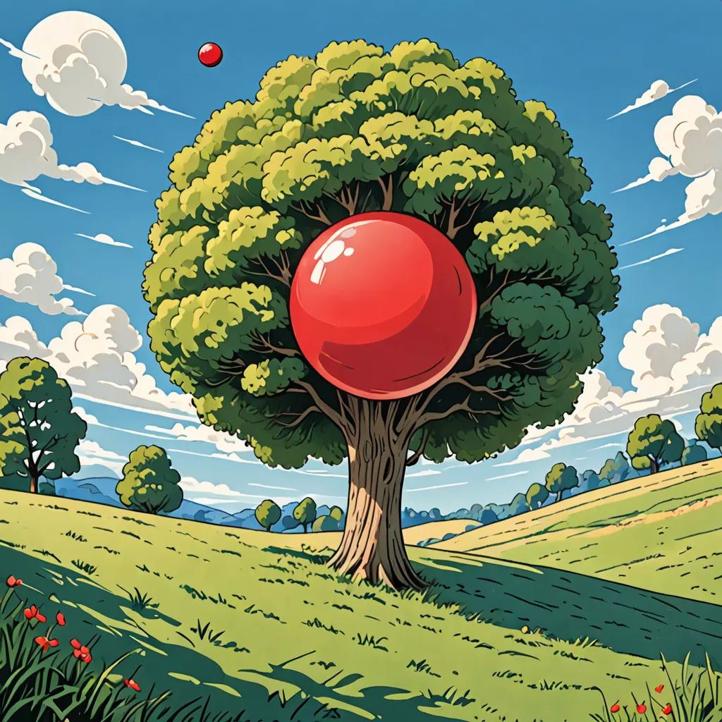 a red ball is in the air above a tree in a field with flowers and clouds in the background, precisionism, an ultrafine detailed painting, Chris LaBrooy, 2 d game art
