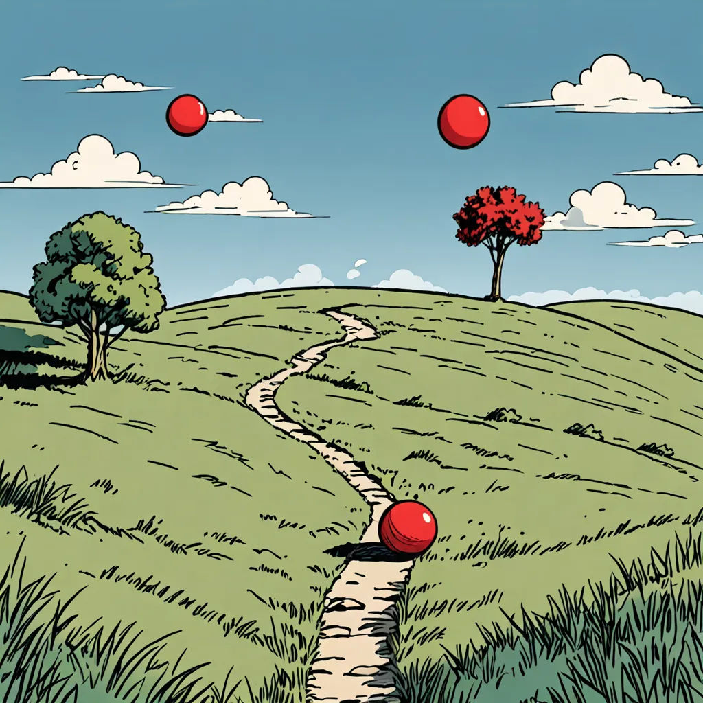 a cartoon of a path leading to a tree with red balls floating in the air above it, and a red tree on the other side of the road, precisionism, a storybook illustration, Ernst Thoms, path tracing