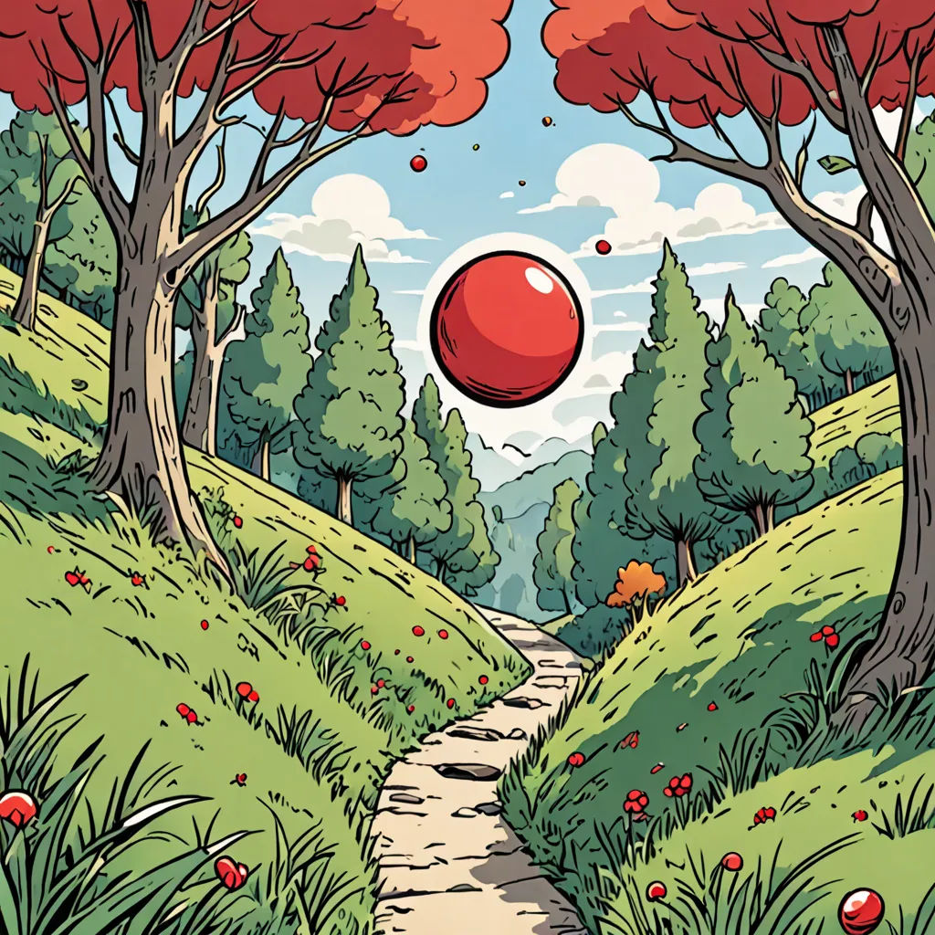 a cartoon of a path through a forest with a red ball floating above it and trees on both sides, environmental art, a comic book panel, Chris LaBrooy, comic cover art