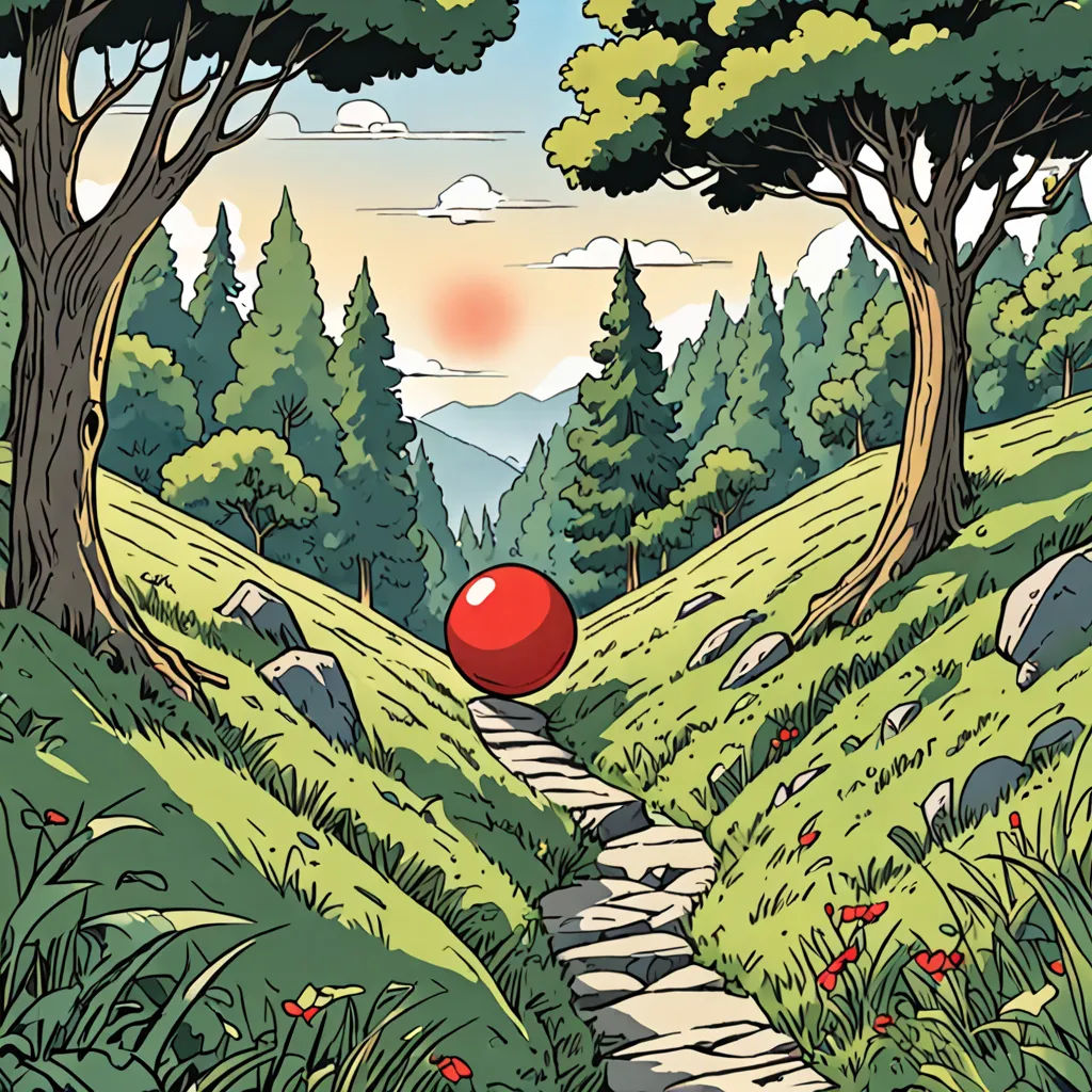a cartoon of a path leading to a red ball in the woods with trees and flowers on either side, environmental art, a storybook illustration, Chris LaBrooy, rossdraws global illumination