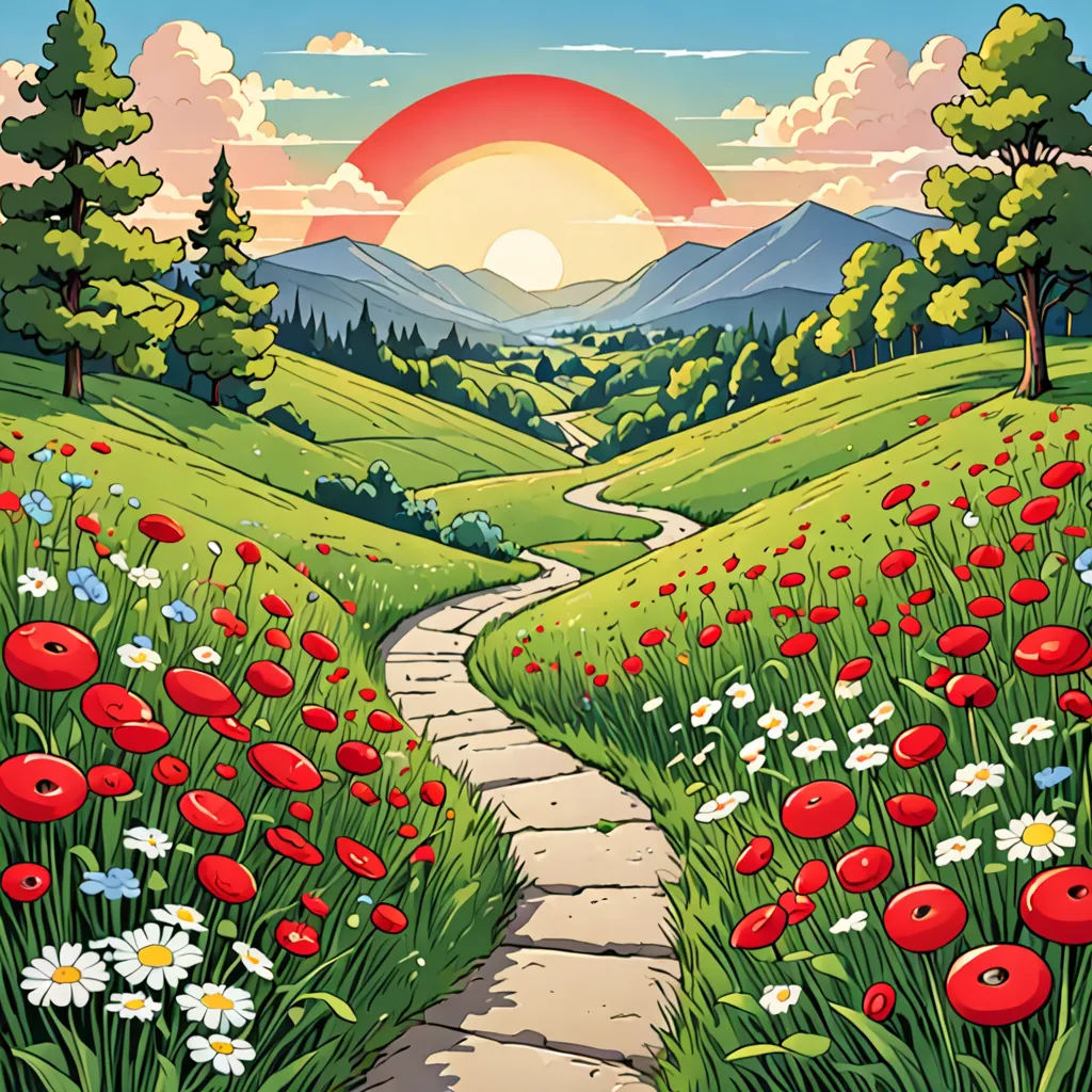 a painting of a path leading to a field with flowers and trees on it, with a sunset in the background, synthetism, a storybook illustration, Chris LaBrooy, promotional image