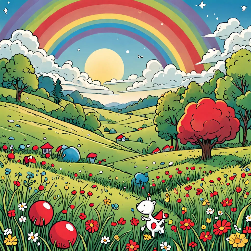 a cartoon scene with a rainbow and a dog in the grass and flowers on the ground, and a rainbow in the sky, color field, a storybook illustration, Charles Schulz, beautiful landscape
