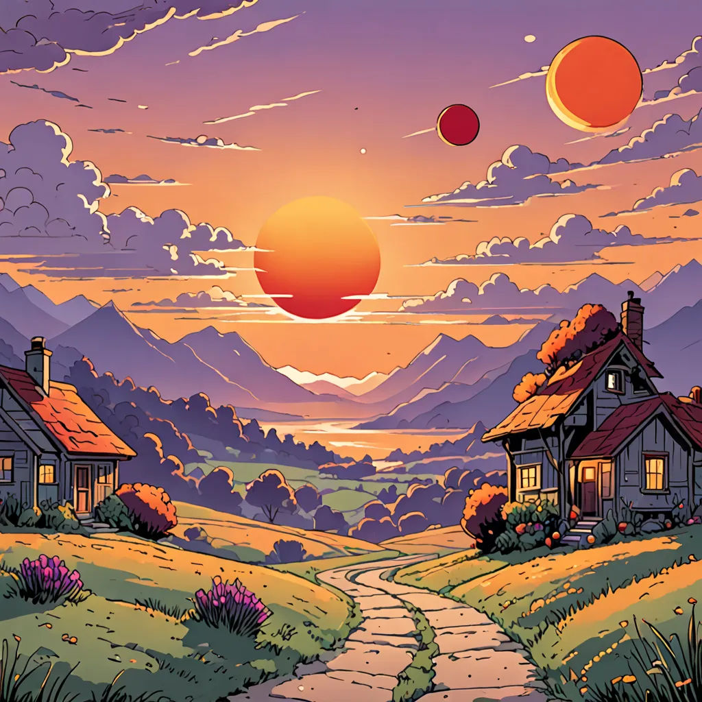 a painting of a sunset with a path leading to a house and mountains in the background with a sun setting, space art, a comic book panel, Dan Mumford, josan gonzales and dan mumford