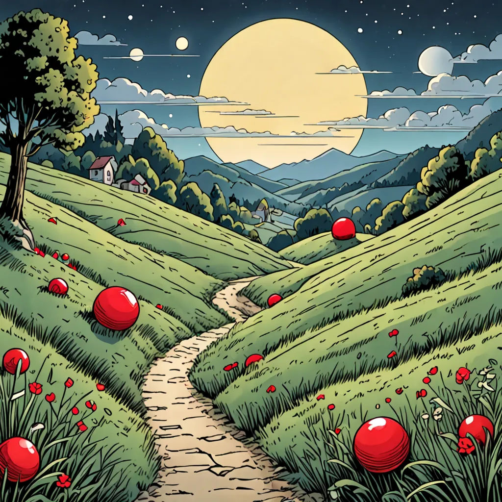 a painting of a path leading to a field with red flowers on it and a full moon in the background, fantasy art, a storybook illustration, Dan Mumford, josan gonzales and dan mumford